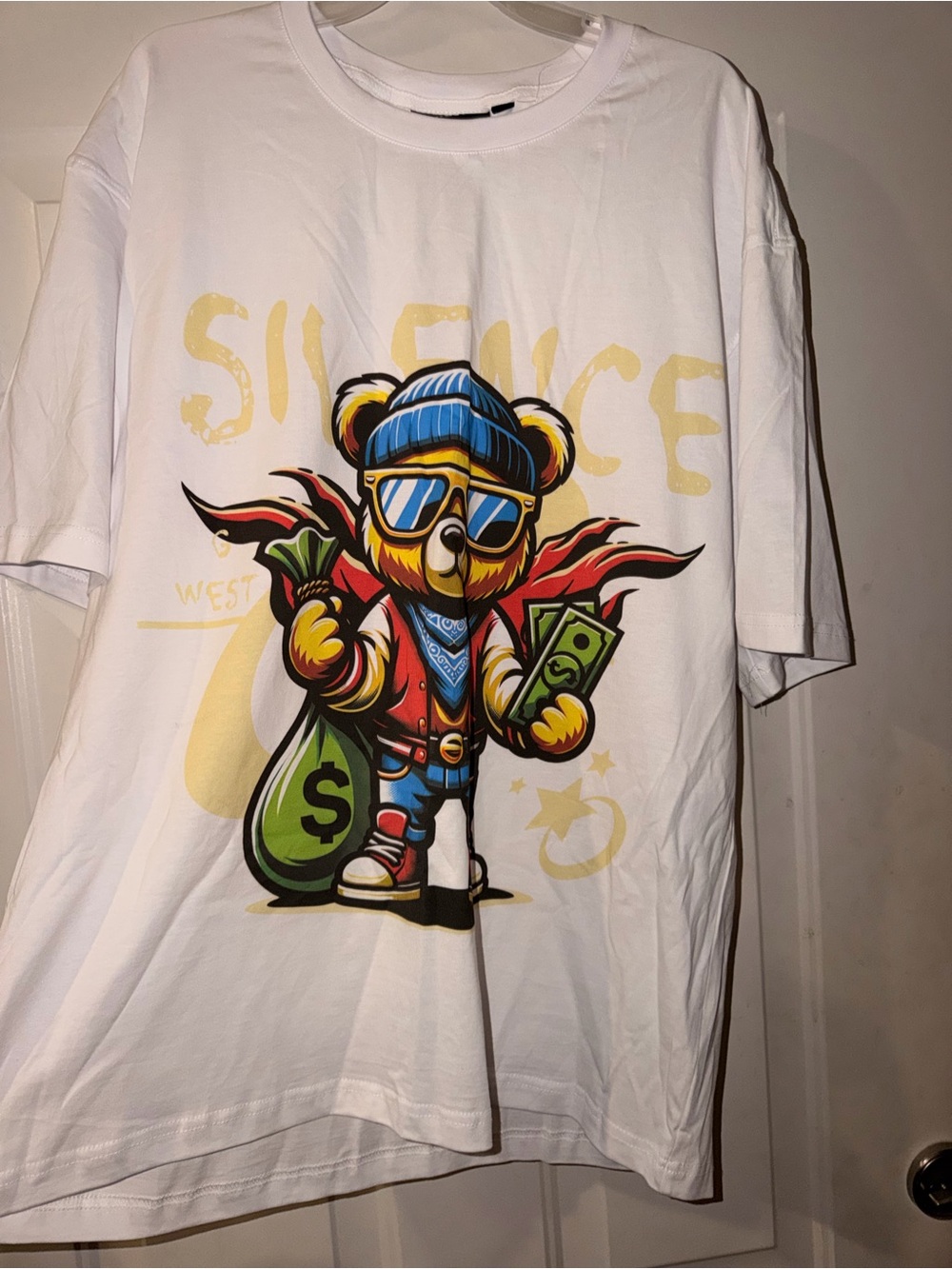 Graphic Bear Money Tee in White with Multicolor Print